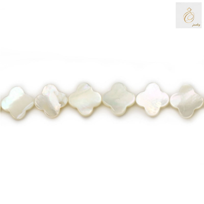 White mother-of-pearl shell beads in elegant clover shape, 10mm size with 0.35mm holes, displayed on 39-40cm strand for jewelry making