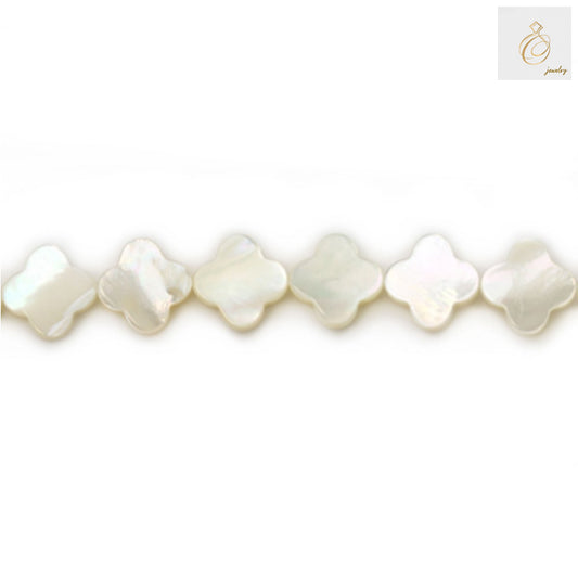 White mother-of-pearl shell beads in elegant clover shape, 10mm size with 0.35mm holes, displayed on 39-40cm strand for jewelry making