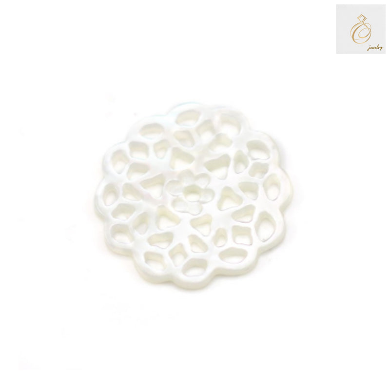 White mother-of-pearl shell charm with intricate hollow floral design, 18mm diameter, perfect for jewelry making and crafting projects