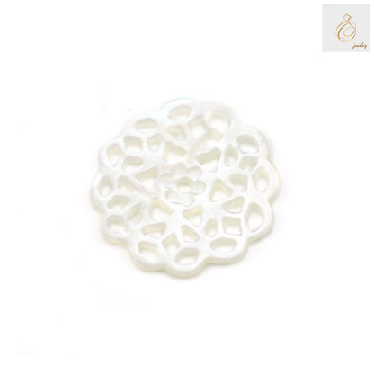 White mother-of-pearl shell charm with intricate hollow floral design, 18mm diameter, perfect for jewelry making and crafting projects