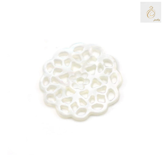 White mother-of-pearl shell charm with intricate hollow floral design, 18mm diameter, perfect for jewelry making and crafting projects
