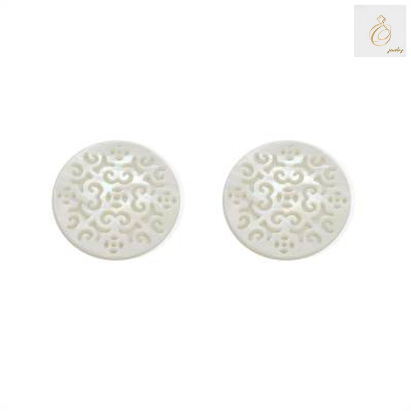 White mother-of-pearl shell charm with elegant hollow pattern design, 25mm diameter, perfect for jewelry making