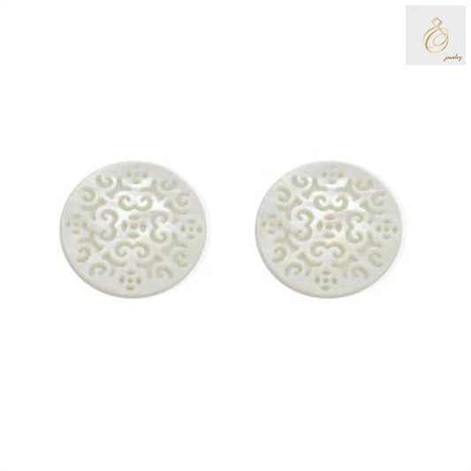 White mother-of-pearl shell charm with elegant hollow pattern design, 25mm diameter, perfect for jewelry making