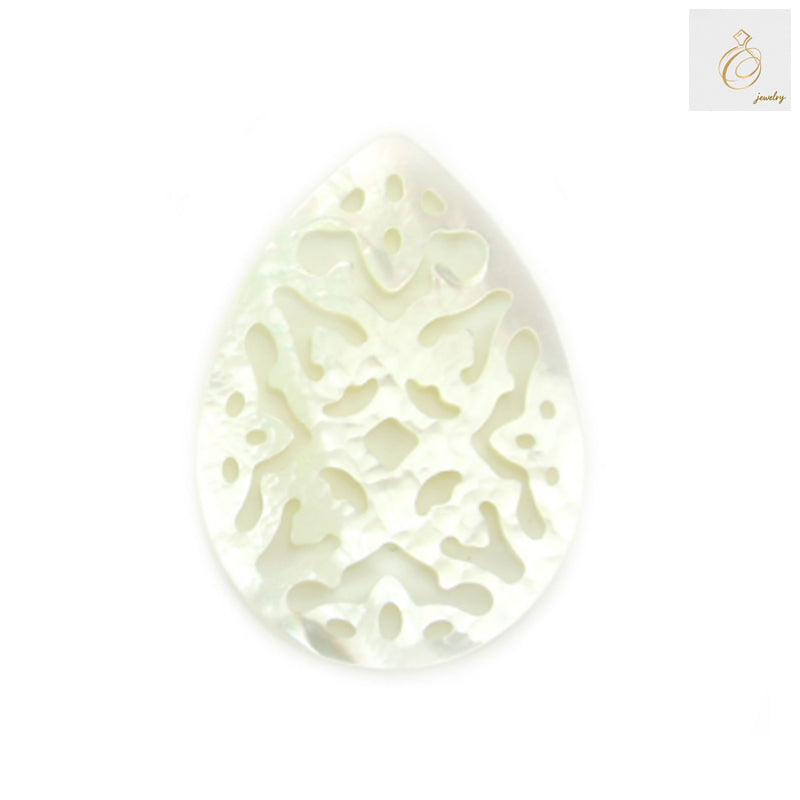 White mother-of-pearl shell charm in teardrop shape, 18x25mm, showing hollow openwork design and natural iridescent surface