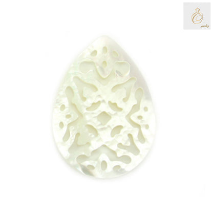 White mother-of-pearl shell charm in teardrop shape, 18x25mm, showing hollow openwork design and natural iridescent surface