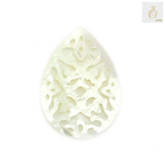 White mother-of-pearl shell charm in teardrop shape, 18x25mm, showing hollow openwork design and natural iridescent surface