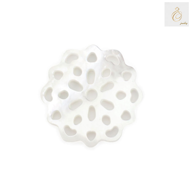 White mother-of-pearl shell charm with openwork medallion design, 15mm diameter, showing natural iridescent surface and delicate cutout pattern for jewelry making