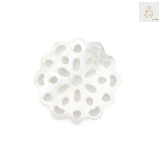 White mother-of-pearl shell charm with openwork medallion design, 15mm diameter, showing natural iridescent surface and delicate cutout pattern for jewelry making