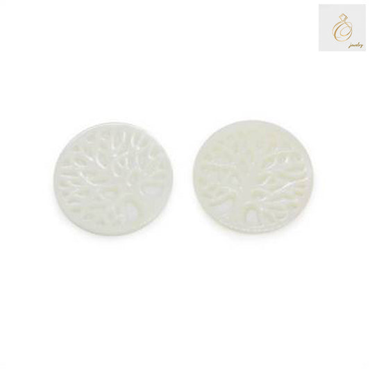 White mother-of-pearl shell charm featuring intricate Tree of Life design, 24mm diameter, natural lustrous finish for jewelry making