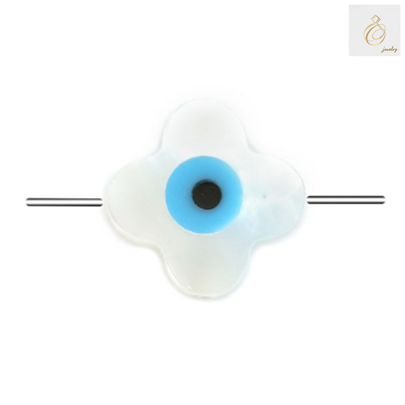 White mother of pearl shell evil eye clover charms, 10mm diameter with 0.8mm holes, set of 2 pieces for jewelry making