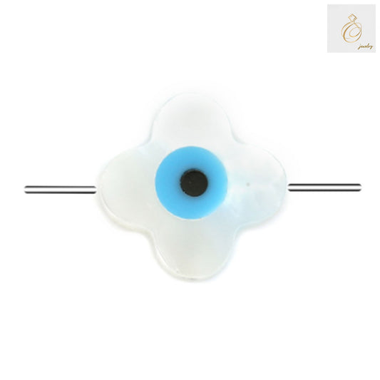 White mother of pearl shell evil eye clover charms, 10mm diameter with 0.8mm holes, set of 2 pieces for jewelry making