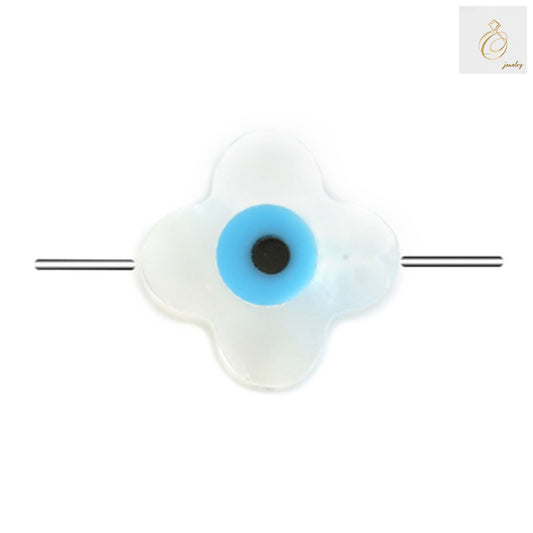 White mother-of-pearl shell evil eye clover charms, 12mm diameter with 0.8mm hole, pack of 2 pieces for jewelry making