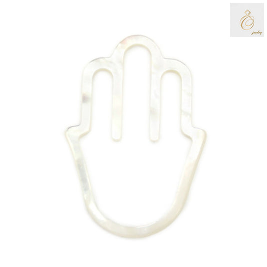 White mother-of-pearl shell carved into Hamsa hand shape, 24x35mm size, showing natural iridescent surface and protective symbol design