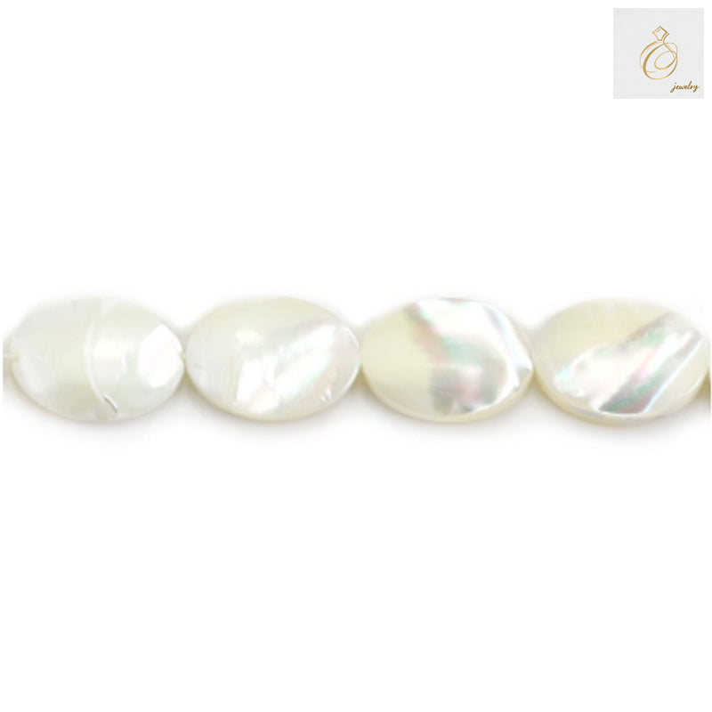 White mother-of-pearl shell oval beads strand, 10x14mm size with 0.7mm holes, approximately 28 lustrous beads for jewelry making