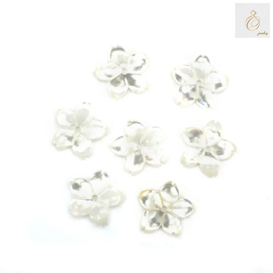 White mother-of-pearl flower beads, 10mm diameter, showing natural iridescent surface and delicate flower shape for jewelry making
