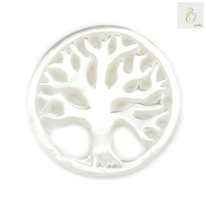 White mother-of-pearl shell charm with Tree of Life design, 12mm diameter, natural iridescent finish
