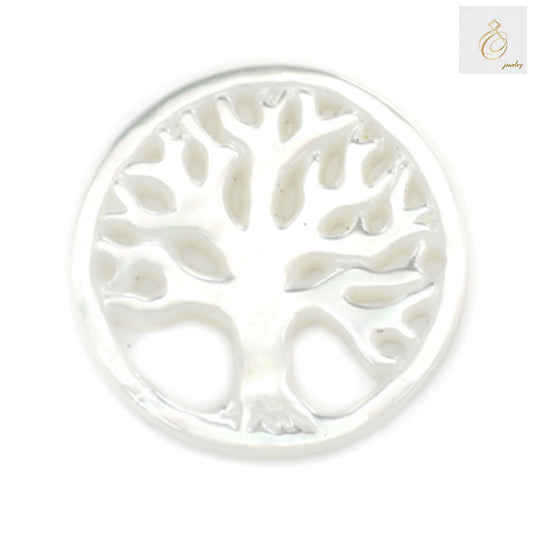 White mother-of-pearl shell charm with Tree of Life design, 12mm diameter, natural iridescent finish