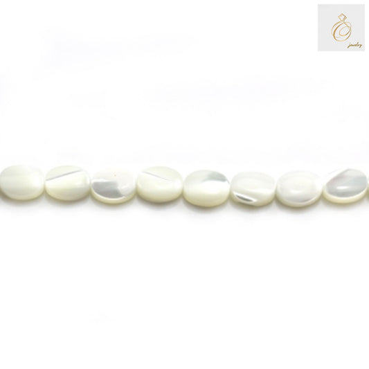 White mother of pearl oval beads 6x8mm arranged on strand showing natural lustrous finish and uniform oval shape for jewelry making