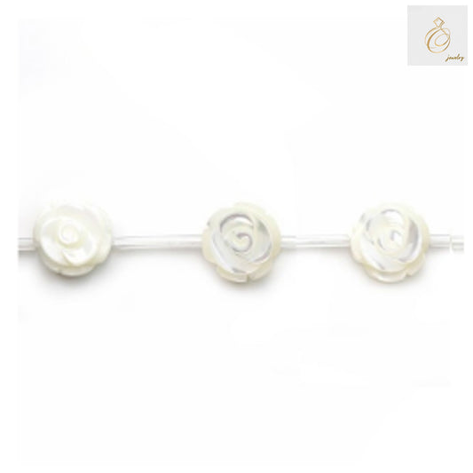 White mother of pearl rose-shaped beads, 10mm size, arranged on a 39-40cm strand for jewelry making