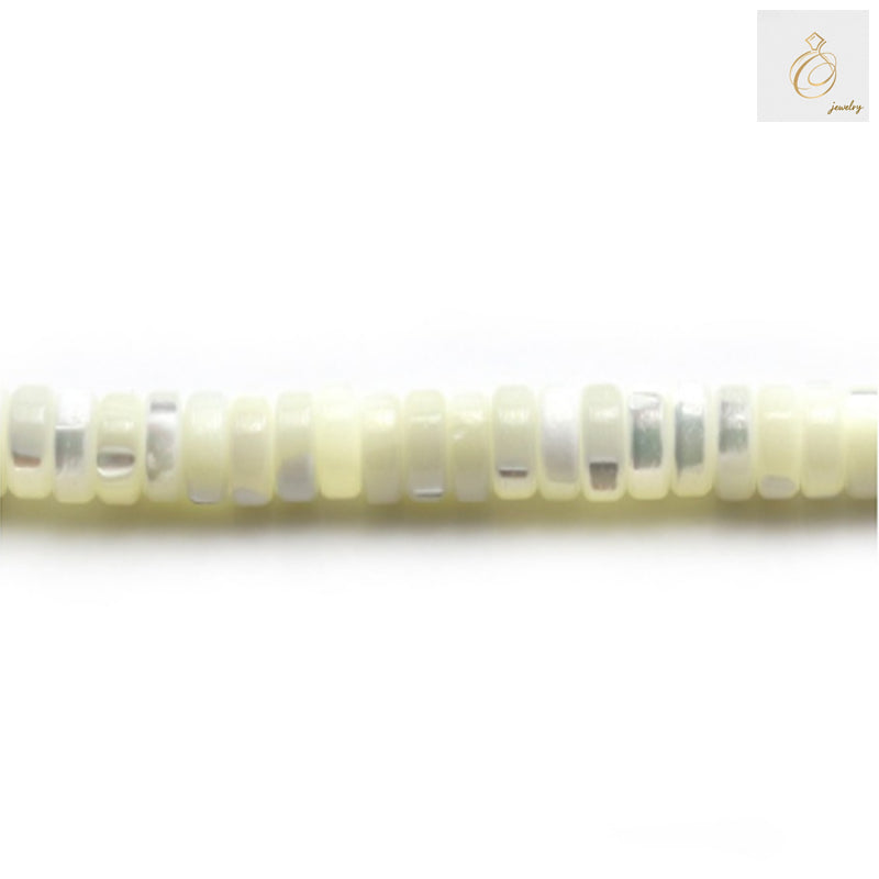 White mother of pearl heishi beads 2x6mm size with 0.8mm holes arranged on 39-40cm strand, showing natural iridescent shell surface perfect for jewelry making
