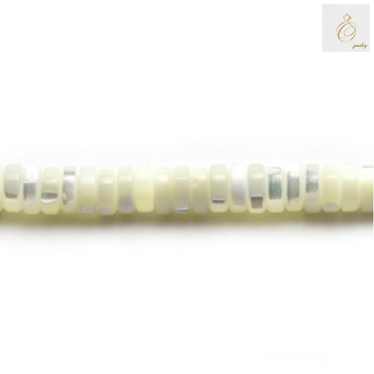 White mother of pearl heishi beads 2x6mm size with 0.8mm holes arranged on 39-40cm strand, showing natural iridescent shell surface perfect for jewelry making