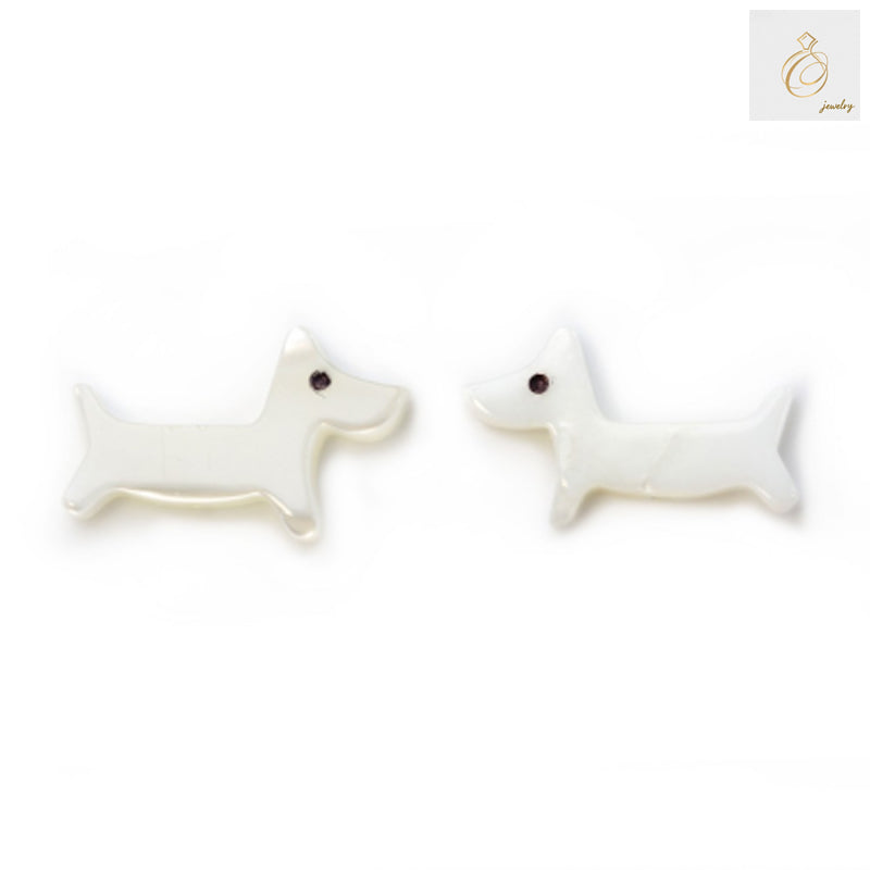 White mother-of-pearl dog-shaped beads 9x14mm on strand, natural shell jewelry making supplies