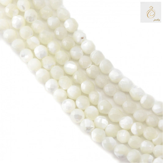 White mother of pearl shell beads strand, 3mm faceted round beads, full length view showing 39-40cm strand for jewelry making