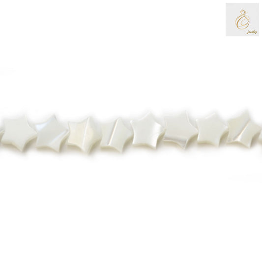 White mother of pearl star beads 8x8mm arranged on strand showing natural iridescent luster