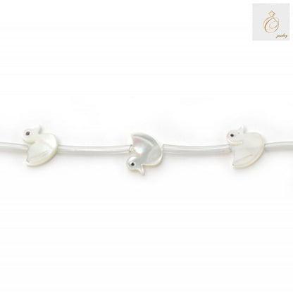White mother-of-pearl duck-shaped beads arranged on strand, showing natural iridescent luster and 10mm size