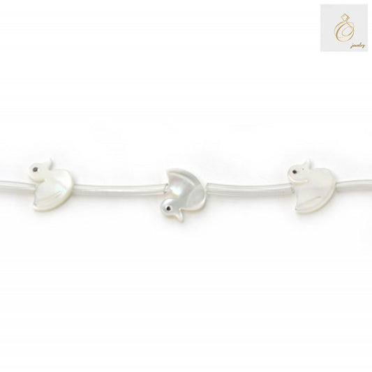 White mother-of-pearl duck-shaped beads arranged on strand, showing natural iridescent luster and 10mm size