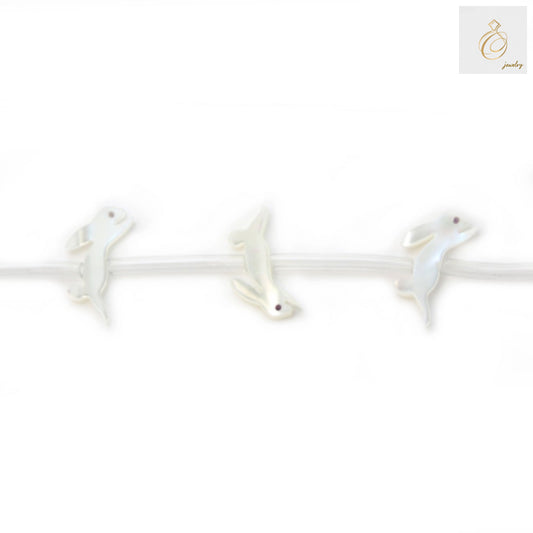 White mother of pearl shell rabbit beads, 8x15mm size with 0.35mm hole, arranged on strand showing lustrous surface and detailed rabbit shape