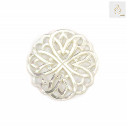 White mother-of-pearl shell charm with hollow floral openwork design, 30mm diameter, jewelry making supply