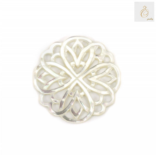 White mother-of-pearl shell charm with hollow floral openwork design, 30mm diameter, jewelry making supply