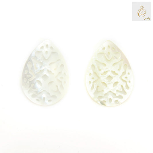 Close-up view of white mother-of-pearl shell teardrop charm displaying natural patterns and lustrous finish, 18x25mm size
