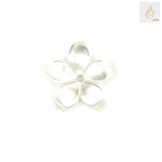 Close-up view of white mother-of-pearl flower beads displaying natural luster and detailed flower pattern, perfect for craft projects