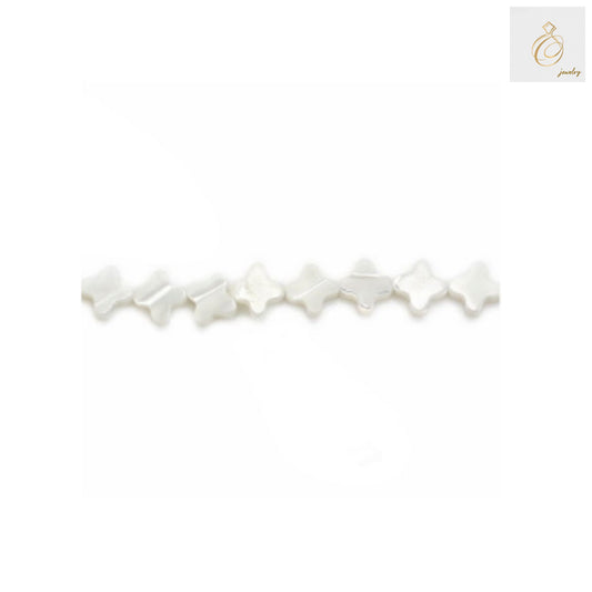 White mother-of-pearl clover beads strand, 8mm natural shell beads for jewelry making, showing lustrous iridescent finish and clover shape