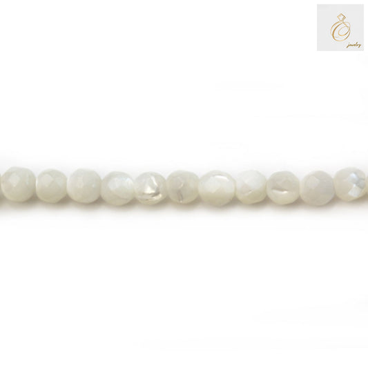 White mother of pearl shell beads, 3mm faceted round beads on strand, close-up view showing lustrous surface and consistent sizing