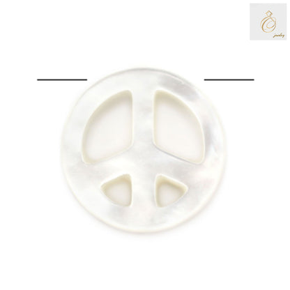 White mother-of-pearl heart charm with peace and love symbols, 10mm diameter, lustrous natural finish