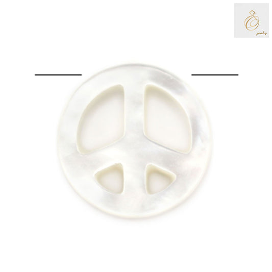 White mother-of-pearl heart charm with peace and love symbols, 10mm diameter, lustrous natural finish